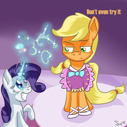 Size: 1024x1024 | Tagged: safe, artist:sintakhra, applejack, rarity, g4, applejack also dresses in style, applejack is not amused, clothes, dress, unamused