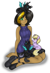 Size: 680x1000 | Tagged: safe, artist:akuoreo, dinky hooves, oc, oc:jessica (avats), oc:mayari (avats), oc:tala (avats), changeling, human, nymph, fanfic:a voice among the strangers, g4, breasts, clothes, fanfic art, horn, one eye closed, shirt, shoes, simple background, skirt, transparent background, unicorn horn
