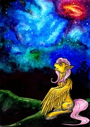 Size: 1462x2048 | Tagged: safe, artist:stirren, fluttershy, pegasus, pony, g4, stargazing, stars, traditional art