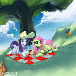 Size: 3000x3000 | Tagged: safe, artist:jazzumi, angel bunny, fluttershy, rarity, pegasus, pony, rabbit, unicorn, g4, animal, carrot, female, high res, magic, mare, mouth hold, picnic, tea, teacup, teapot