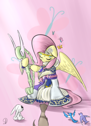 Size: 1080x1500 | Tagged: safe, artist:phuocthiencreation, angel bunny, fluttershy, bird, ferret, g4, cai wenji, crossover, dynasty warriors, female, harp, musical instrument, solo, wei