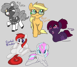 Size: 1280x1099 | Tagged: safe, artist:mt, oc, oc only, oc:crystal brookes, oc:kirking, oc:knoeki, oc:minituffs, oc:paige, earth pony, pegasus, pony, unicorn, zebra, amputee, blushing, disembodied hand, glasses, hand, legless, petting, wingding eyes