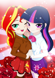 Size: 842x1191 | Tagged: safe, artist:fantasyblade, sunset shimmer, twilight sparkle, human, g4, bedroom eyes, blushing, clothes, female, flower, holding hands, humanized, lesbian, lidded eyes, looking at you, rose, ship:sunsetsparkle, shipping, skirt, smiling, sparkles, symmetrical docking, wink