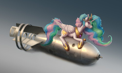Size: 2048x1224 | Tagged: safe, artist:hunternif, artist:kaspian-monster, princess celestia, alicorn, pony, g4, dr. strangelove, female, gradient background, hoof shoes, nuclear weapon, riding a bomb, solo, straddling