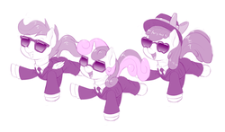 Size: 1280x753 | Tagged: safe, artist:dstears, apple bloom, scootaloo, sweetie belle, g4, clothes, crossover, cutie mark crusaders, elite beat agents, monochrome, rhythm game, suit, sunglasses