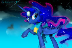 Size: 1512x1012 | Tagged: safe, artist:supermare, princess luna, alicorn, pony, g4, crossover, female, gem, mare, pearl, pearl (steven universe), raised hoof, smiling, solo, steven universe