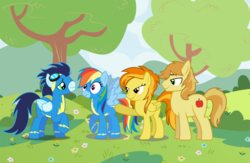 Size: 1024x666 | Tagged: safe, artist:3d4d, braeburn, rainbow dash, soarin', spitfire, earth pony, pegasus, pony, g4, female, male, mare, nudge, ship:soarindash, shipping, show accurate, spitburn, stallion, straight, wingboner, wonderbolts uniform