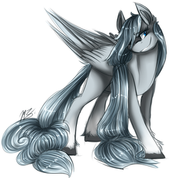 Size: 588x606 | Tagged: artist needed, safe, oc, oc only, oc:stormfront, pegasus, pony, explicit source, folded wings, large wings, long mane, long tail, smirk, solo, sternocleidomastoid, tail, unshorn fetlocks, wings