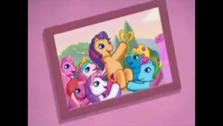 Size: 960x540 | Tagged: safe, screencap, cheerilee (g3), pinkie pie (g3), rainbow dash (g3), scootaloo (g3), starbeam, sweetie belle (g3), toola-roola, earth pony, pony, unicorn, g3, meet the ponies, scootaloo's outdoor play party, bow, core seven, cute, female, g3 adorabeam, g3 cheeribetes, g3 cutealoo, g3 dashabetes, g3 diapinkes, g3 diasweetes, group, hair bow, helmet, mare, open mouth, open smile, picture, roolabetes, smiling, trophy, winner