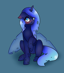 Size: 595x674 | Tagged: safe, artist:nemovonsilver, oc, oc only, oc:lotus prism, changeling, blue background, blue changeling, blushing, changeling oc, cheeselegs, crying, explicit source, raised hoof, simple background, solo, transparent wings