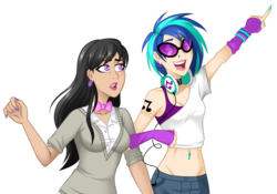 Size: 1500x1049 | Tagged: safe, artist:emberfan11, dj pon-3, octavia melody, vinyl scratch, human, g4, belly button, belly piercing, bellyring, check em, cleavage, collar, ear piercing, earring, female, humanized, jewelry, lesbian, lip piercing, midriff, nose piercing, piercing, ship:scratchtavia, shipping, shoulderless