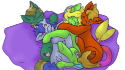 Size: 1024x576 | Tagged: safe, artist:mangajag, oc, oc only, oc:apple flip, oc:autumn prose, oc:grass hope, oc:lucid dream, earth pony, merpony, pony, unicorn, cuddling, ear bite, group, snuggling, underhoof