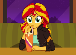 Size: 2190x1572 | Tagged: safe, artist:misstickles, sunset shimmer, equestria girls, g4, drinking, female, looking at you, milkshake, solo, straw