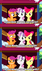 Size: 1280x2160 | Tagged: safe, edit, edited screencap, screencap, apple bloom, opalescence, scootaloo, sweetie belle, tank, winona, g4, just for sidekicks, caption, cutie mark crusaders, faic, grin, impact font, meme, quote