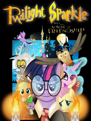 Size: 1500x2000 | Tagged: safe, artist:knadire, artist:knadow-the-hechidna, applejack, discord, fluttershy, owlowiscious, philomena, princess cadance, soarin', spike, spitfire, twilight sparkle, alicorn, draconequus, dragon, goblin, parasprite, pegasus, phoenix, pony, g4, three's a crowd, albus dumbledore, canterlot, female, fire, glass of water, glasses, harry potter, harry potter (series), harry potter and the philosopher's stone, hedwig, hermione granger, hogwarts, levitation, looking at you, magic, male, mare, mare in the moon, mashup, parody, poster, quidditch, ron weasley, rubeus hagrid, scar, stallion, telekinesis, twilight sparkle (alicorn)