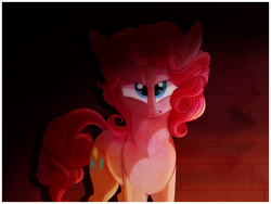 Size: 8000x6000 | Tagged: safe, artist:elskafox, pinkie pie, absurd resolution, brick wall, dark, female, looking at you, nervous, solo