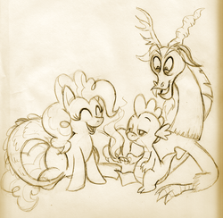 Size: 850x828 | Tagged: safe, artist:ribnose, discord, pinkie pie, spike, earth pony, pony, g4, drugs, marijuana, monochrome, sketch, smoking, traditional art