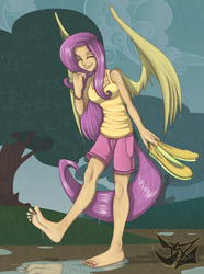 Size: 4834x6495 | Tagged: safe, artist:dazidentevil, fluttershy, human, g4, absurd resolution, barefoot, clothes, cloud, cute, eyes closed, feet, female, fetish, flats, foot fetish, grin, humanized, nature, outdoors, oversized feet, puddle, rain, shoes, shorts, shyabetes, sky, smiling, solo, spread wings, tailed humanization, tank top, tree, wet, winged humanization, wings
