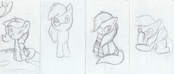 Size: 4661x1987 | Tagged: safe, artist:parassaux, princess luna, oc, earth pony, pegasus, pony, unicorn, g4, clothes, coat, glasses, monochrome, scarf, sketch, sketch dump, traditional art