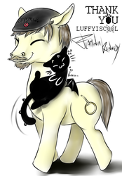 Size: 848x1217 | Tagged: safe, artist:flaminia kennedy, oc, oc only, oc:zacharias, cat, beanie, beard, hat, luffyiscool, nuzzling, solo, thank you, the offspring, youtuber