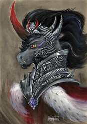 Size: 4835x6897 | Tagged: safe, artist:bazted, king sombra, pony, unicorn, absurd resolution, armor, bust, curved horn, featured image, fluffy, frown, glowing eyes, goatee, male, portrait, solo, sombra eyes, traditional art