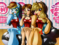 Size: 600x455 | Tagged: safe, artist:xjkenny, applejack, rainbow dash, whale, anthro, unguligrade anthro, g4, arm hooves, blowing, blushing, breasts, busty applejack, busty rainbow dash, clothes, female, inflatable, inflatable toy, inflatable whale, lifeguard, lifeguard applejack, lifeguard dash, medli, older, one-piece swimsuit, pool toy, puffy cheeks, rainblow dash, rainbow dashs coaching whistle, red face, swimming pool, swimsuit, the legend of zelda, whistle, whistle necklace, wrong eye color