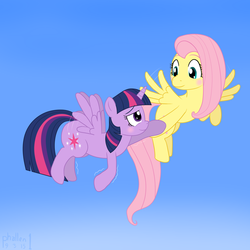 Size: 1500x1500 | Tagged: safe, artist:phallen1, fluttershy, twilight sparkle, alicorn, pony, g4, duo, duo female, female, flying, mare, newbie artist training grounds, simple background, twilight sparkle (alicorn)