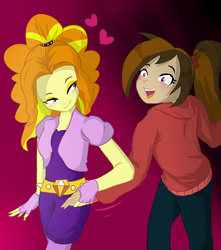 Size: 2480x2800 | Tagged: safe, artist:amazingpuffhair, adagio dazzle, oc, oc:cupcake slash, equestria girls, g4, bedroom eyes, blushing, canon x oc, cute, female, heart, high res, holding hands, lesbian, self insert, shipping