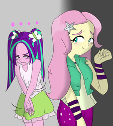 Size: 3600x4000 | Tagged: safe, artist:amazingpuffhair, aria blaze, fluttershy, equestria girls, g4, blushing, clothes, clothes swap, covering, cute, embarrassed, female, high res, lesbian, ship:ariashy, shipping, skirt, sleeveless, tank top, tsundaria, tsundere