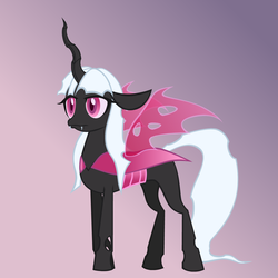 Size: 1200x1200 | Tagged: safe, artist:fibs, oc, oc only, oc:elytra, changeling, changeling queen, changeling queen oc, female, gradient background, horn, pink changeling, red eyes, solo, white hair, wings
