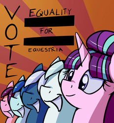 Size: 1702x1837 | Tagged: safe, artist:impcjcaesar, double diamond, night glider, party favor, starlight glimmer, sugar belle, pony, unicorn, g4, the cutie map, communism, election, equal four, equality, equalized, female, male, mare, propaganda, stalin glimmer, stallion