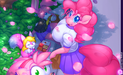 Size: 1575x956 | Tagged: safe, artist:0r0ch1, pinkie pie, oc, anthro, g4, amy rose, babs bunny, bento, breasts, burger, busty pinkie pie, clothes, crossover, eating, female, furry, grin, jacket, lunch, mimi, patreon, petals, pink, school uniform, shirt, skirt, smiling, sonic the hedgehog (series), tiny toon adventures
