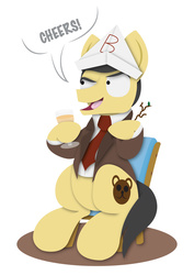 Size: 2480x3508 | Tagged: safe, artist:bobthedalek, pony, chair, clothes, crossover, hat, high res, jacket, mr bean, necktie, paper hat, ponified, simple background, solo, vector, white background