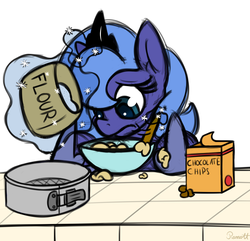 Size: 1400x1350 | Tagged: safe, artist:ramott, princess luna, pony, g4, baking, bowl, female, filly, flour, frown, levitation, magic, mixing bowl, simple background, sketch, solo, telekinesis, white background, woona