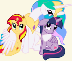 Size: 1005x858 | Tagged: dead source, safe, artist:kracatuluc, princess celestia, sunset shimmer, twilight sparkle, alicorn, pony, unicorn, g4, hug, twilight sparkle (alicorn), winghug