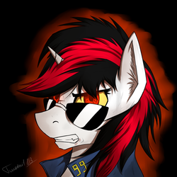 Size: 800x800 | Tagged: safe, artist:twotail813, oc, oc only, oc:blackjack, pony, unicorn, fallout equestria, fallout equestria: project horizons, rcf community, angry, deal with it, inexplicable canines, solo, sunglasses