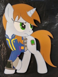 Size: 2358x3129 | Tagged: safe, artist:adog0718, oc, oc only, oc:littlepip, pony, unicorn, fallout equestria, clothes, fanfic, female, high res, jumpsuit, lightbringer, mare, pipbuck, solo, vault suit, woodwork