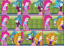 Size: 7166x5197 | Tagged: safe, artist:amante56, adagio dazzle, pinkie pie, sonata dusk, equestria girls, g4, absurd resolution, comic, crown, hammerspace, hammerspace hair, rocket launcher, water balloon, water balloon launcher, watergun