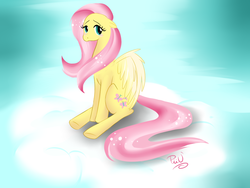 Size: 1024x768 | Tagged: safe, artist:x-piiu, fluttershy, g4, cloud, cloudy, cute, female, looking at you, solo