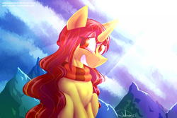 Size: 1500x1000 | Tagged: safe, artist:whisperfoot, oc, oc only, oc:autumn leaf, clothes, cloud, cloudy, lineless, long mane, mountain, scarf, sky, solo, sun