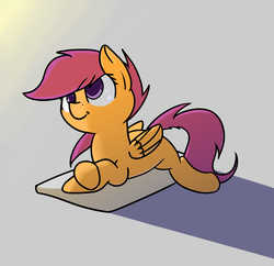 Size: 1551x1504 | Tagged: safe, artist:neuro, scootaloo, pegasus, pony, g4, blank flank, crossed hooves, cute, cutealoo, female, filly, foal, folded wings, lying down, mattress, prone, solo, wings