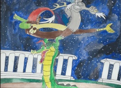 Size: 2338x1700 | Tagged: safe, artist:merrittwilson, discord, g4, ben ali gator, dance of the hours, fantasia, male, traditional art