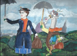 Size: 2338x1700 | Tagged: safe, artist:merrittwilson, discord, g4, twilight's kingdom, england, flying, london, male, mary poppins, nanny, traditional art, umbrella