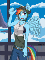 Size: 900x1200 | Tagged: safe, artist:kitkats, rainbow dash, pegasus, anthro, g4, bandaid, bandaid on nose, bandeau, choker, clothes, denim, female, hat, jeans, one eye closed, open mouth, pants, solo, tank top, tongue out