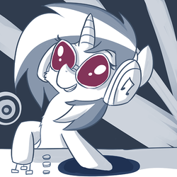 Size: 726x726 | Tagged: safe, artist:tjpones, dj pon-3, vinyl scratch, pony, unicorn, g4, female, headphones, hooves, horn, mare, record, smiling, solo, sunglasses, teeth, turntable