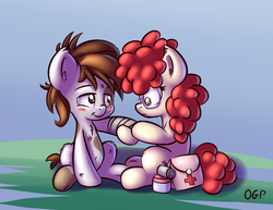 Size: 1000x772 | Tagged: safe, artist:tadashi--kun, pipsqueak, twist, g4, bandage, blushing, colt, female, filly, first aid, foal, injured, male, piptwist, shipping, straight