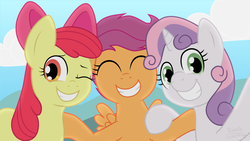 Size: 1920x1080 | Tagged: safe, artist:corsairsedge, apple bloom, scootaloo, sweetie belle, g4, cutie mark crusaders, smiling, trio