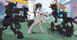 Size: 3888x2000 | Tagged: safe, artist:corsairsedge, octavia melody, changeling, pony, once upon a time in canterlot, g4, backwards cutie mark, bipedal, bow (instrument), canterlot, fight, high res, violin bow