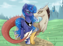 Size: 5900x4300 | Tagged: safe, artist:magnaluna, discord, princess luna, alicorn, draconequus, pony, blushing, eye contact, fangs, female, grass, grass field, heart, looking at each other, lunacord, male, mare, mountain, pathway, raised hoof, scenery, shipping, smiling, straight, walking