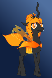 Size: 700x1050 | Tagged: safe, artist:fibs, oc, oc only, oc:ambrosia (lucky shot), bee, changeling, changeling queen, bee wings, beehive hairdo, blue background, changeling queen oc, female, horn, orange, orange changeling, simple background, solo
